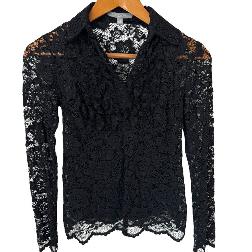 NY COLLECTION Black Lace Long Sleeve Top Womens PM Camisole Ruffle Stretchy